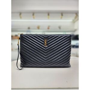 Quilted Black Calfskin Gold Accent Large Clutch Bag